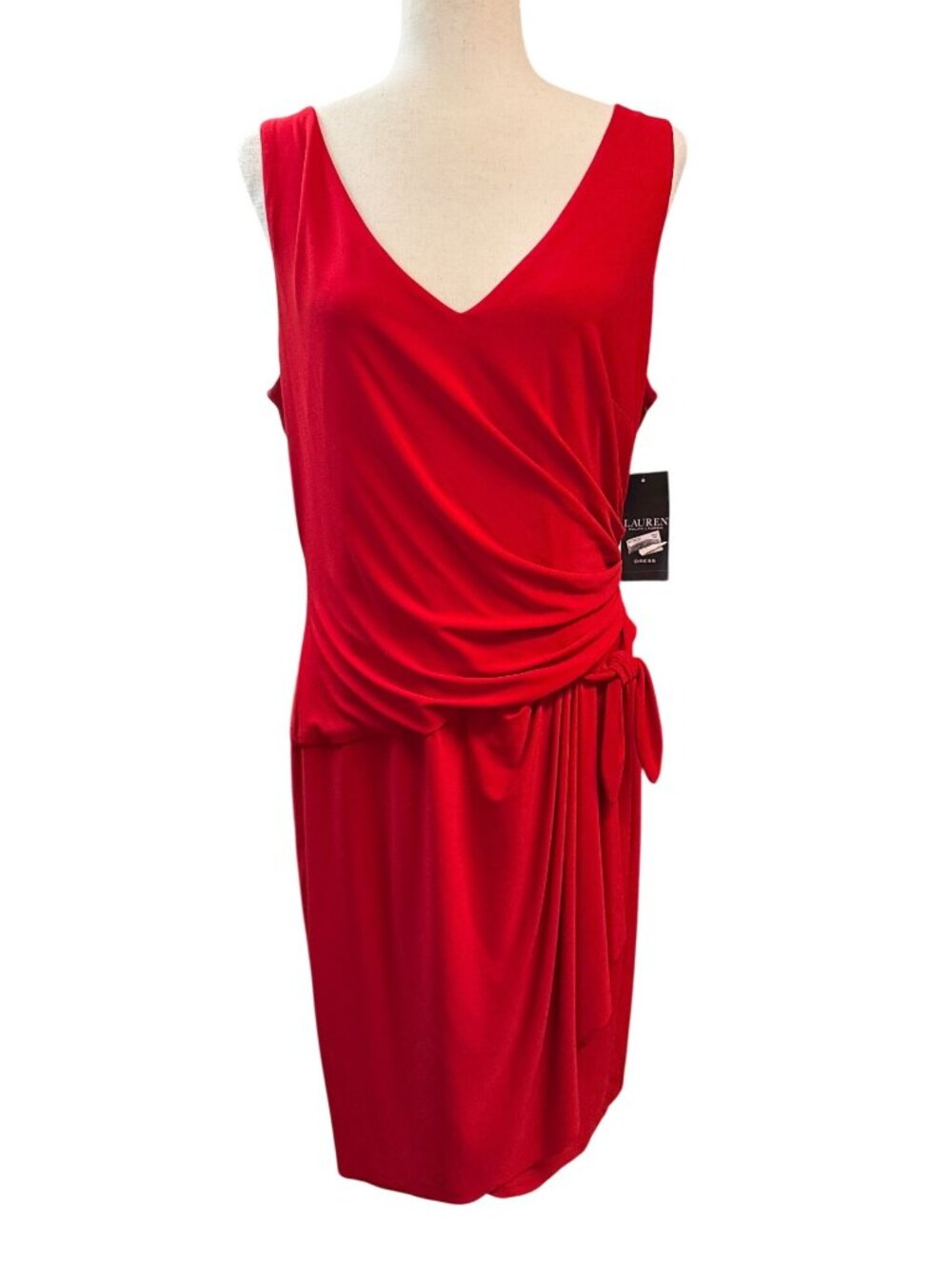 LAUREN RALPH LAUREN Side Drape Sleeveless Sheath Dress~Size 14~Vibrant Red L1506